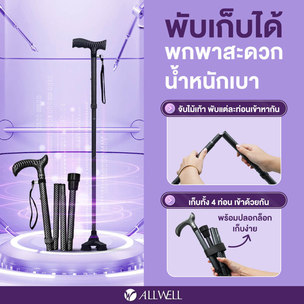 ไม้เท้าช่วยพยุง ALLWELL รุ่น GOLITE4 สีดำ พับเก็บและปรับระดับได้
